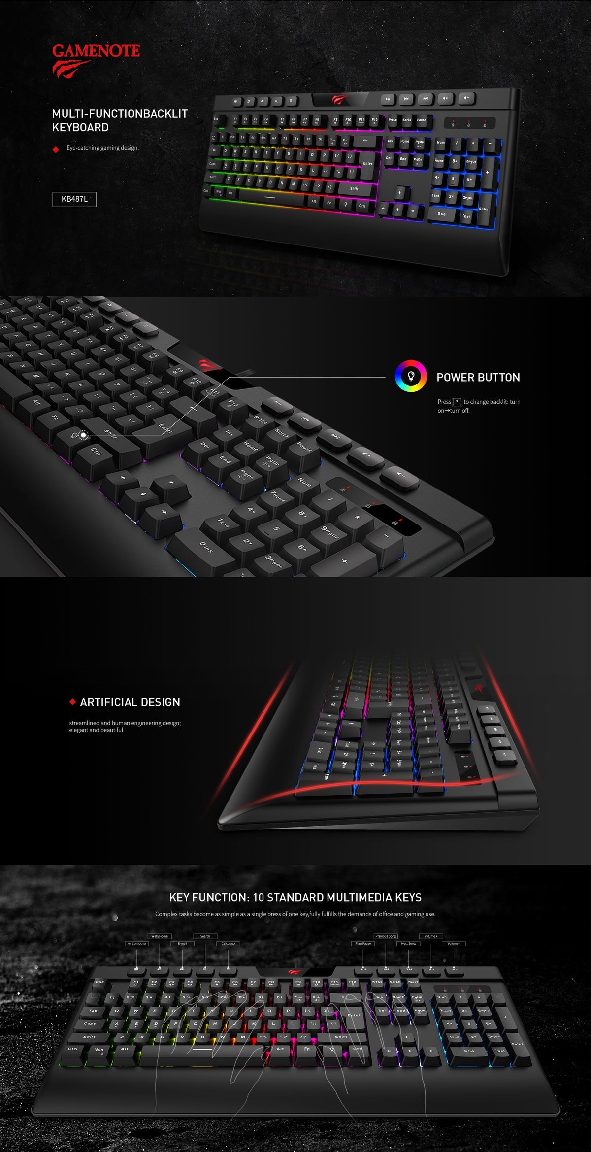 Havit KB487L Multi-function RGB Backlit Keyboard Gaming Keyboard
